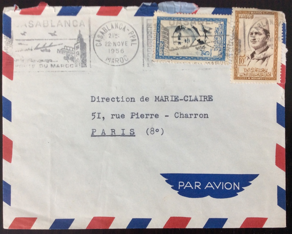 Lettre de 1956 depuis Casablanca pour la France avec affranchissement composé (5F+10F). Oblitération Mécanique SECAP