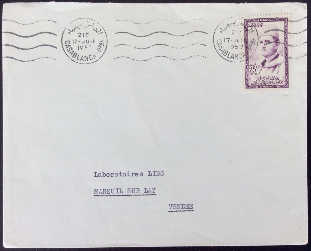 Lettre de 1957 depuis Casablanca pour la France avec 25F seul sur lettre. Oblitération Mécanique SECAP sans fin, date en lettres
