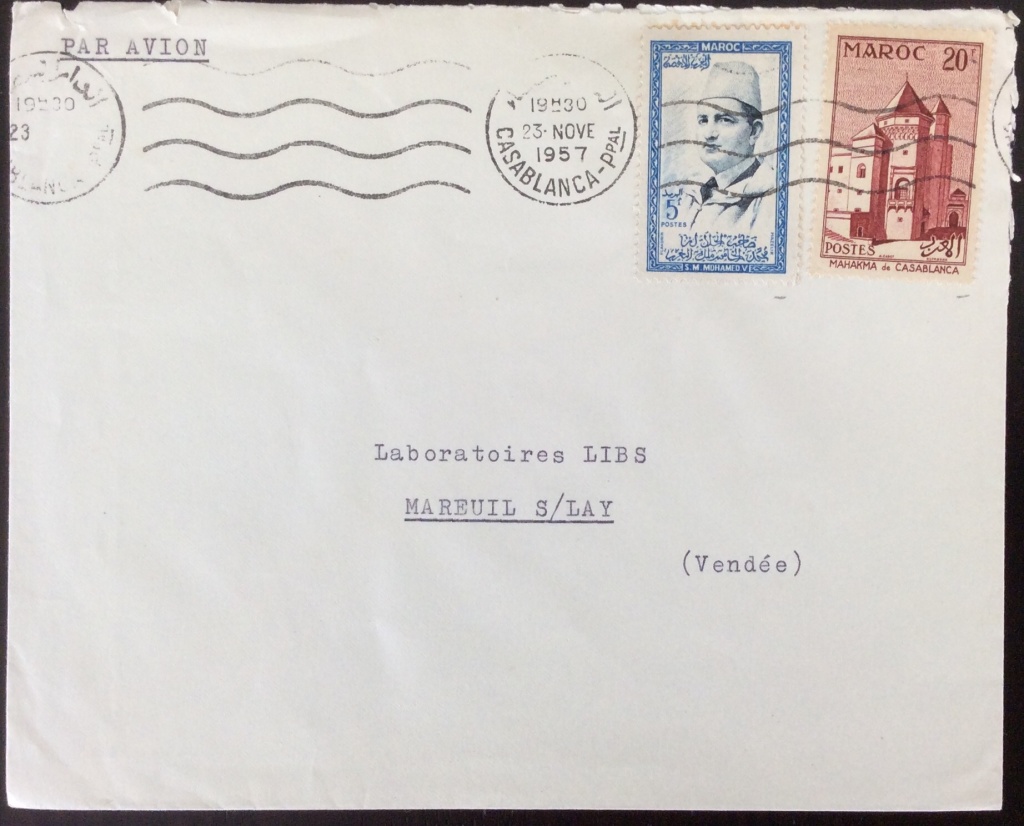 Lettre de 1956 depuis Casablanca pour la France avec affranchissement mixte (5F+20F). Oblitération Mécanique SECAP sans fin, date en lettres