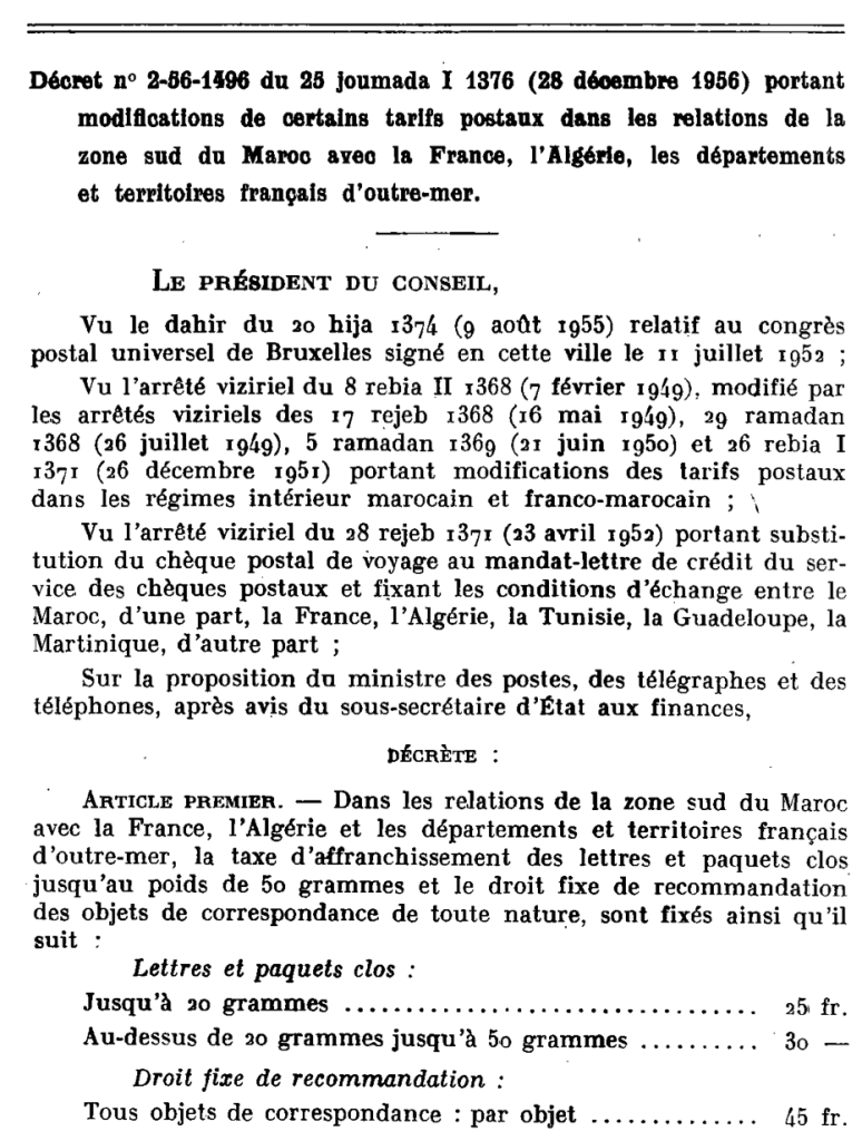 Décret portant modification des tarifs postaux à compter du 1er Janvier 1957